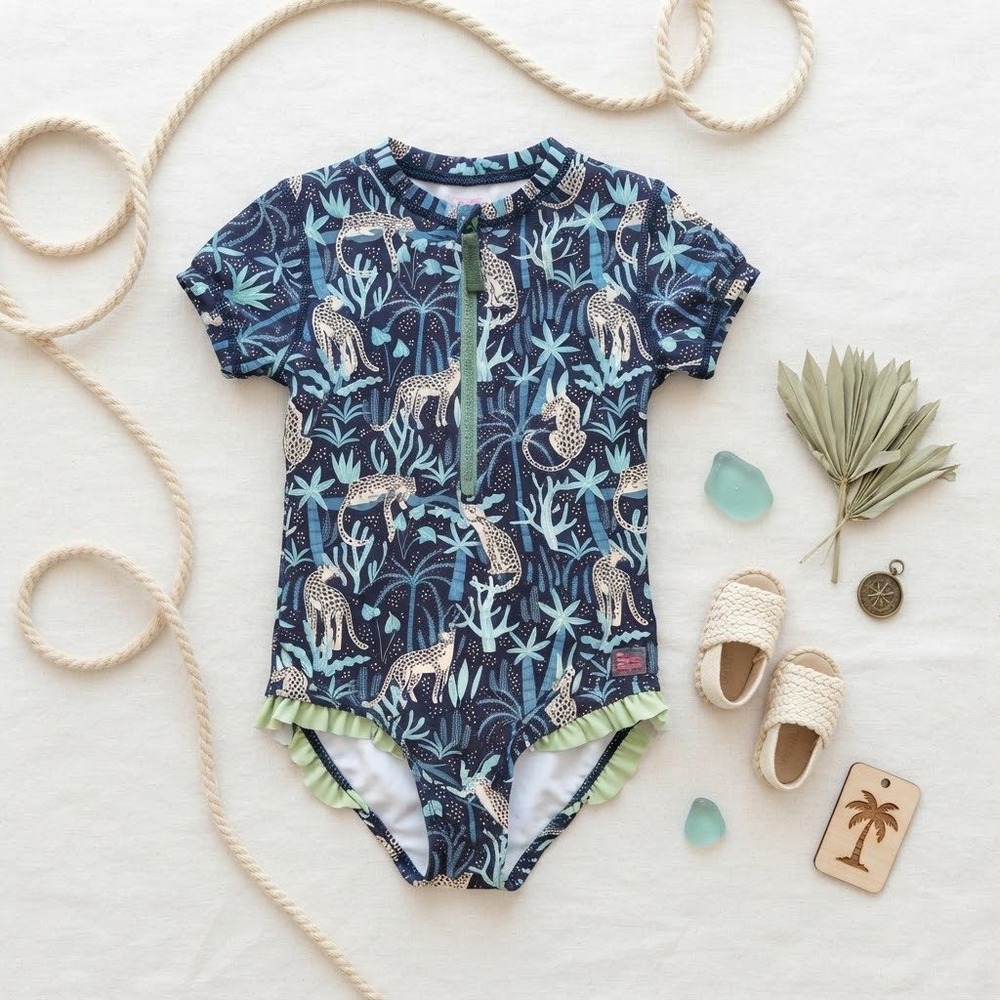 RuffleButts Girls Navy Jungle Leopard Ruffle Rash Guard One Piece Swimsuit 6